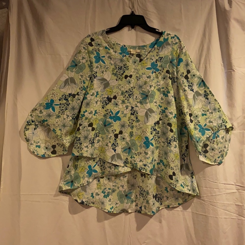 Cooper & Ella, large, bell sleeve blouse, pastel lime green floral